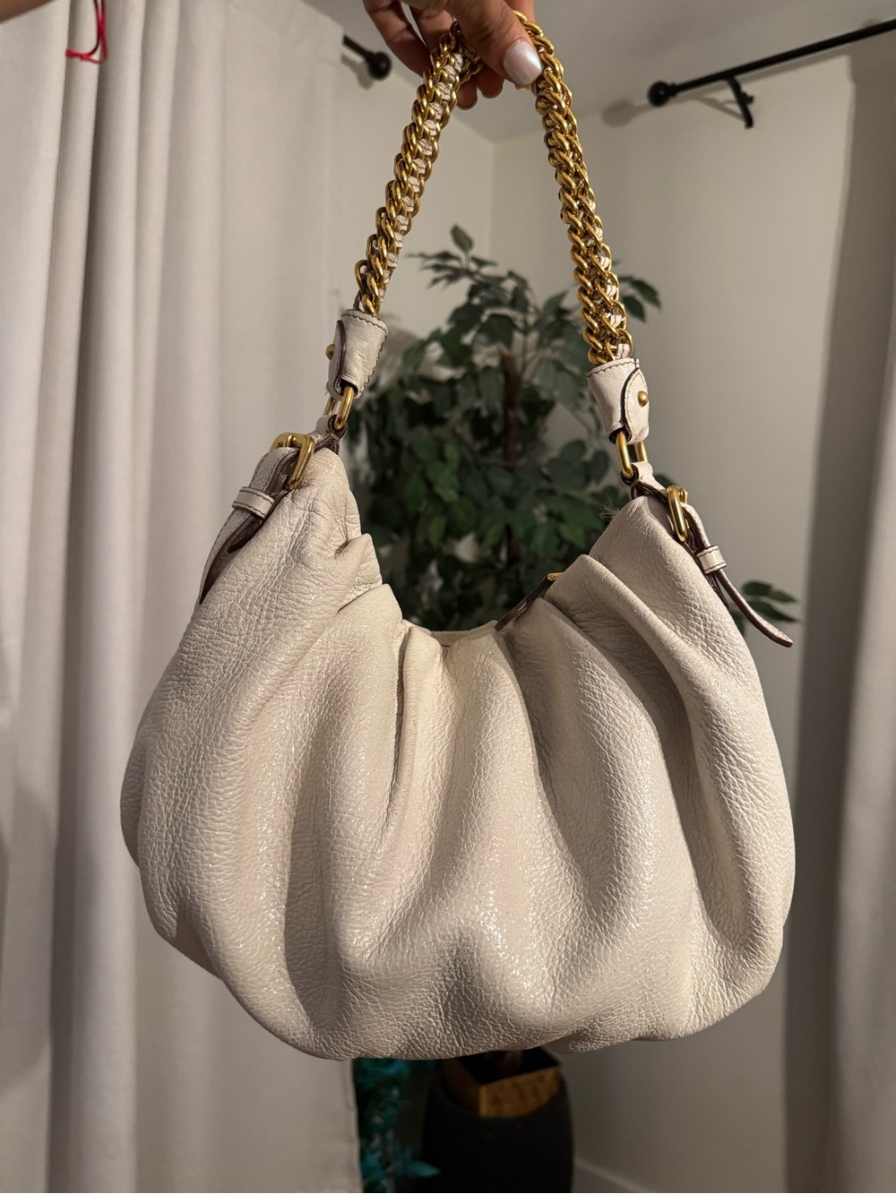PRADA Cervo Lux Chain Hobo Shoulder Bag Leather Cream GHW PREOWNED - Picture 2 of 16